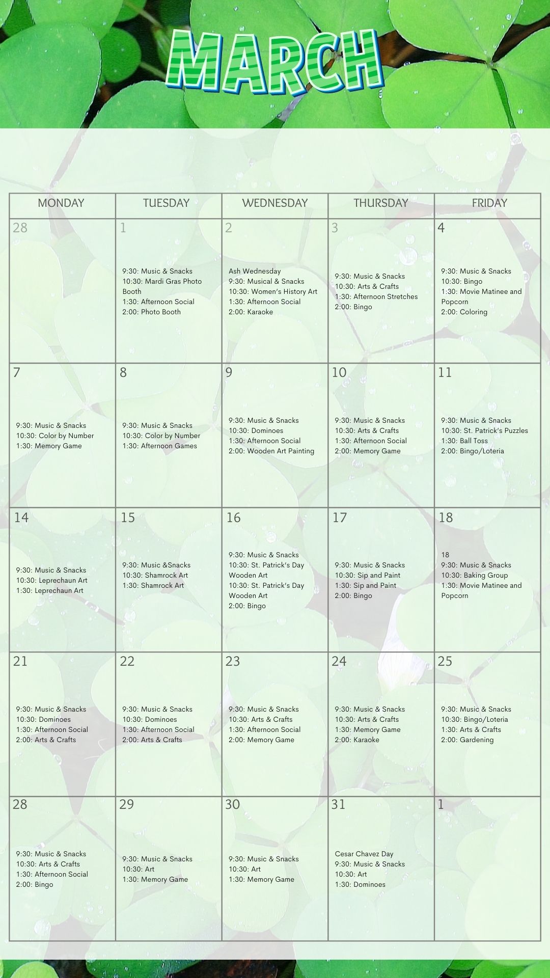 CV PACE Activities Calendar March
